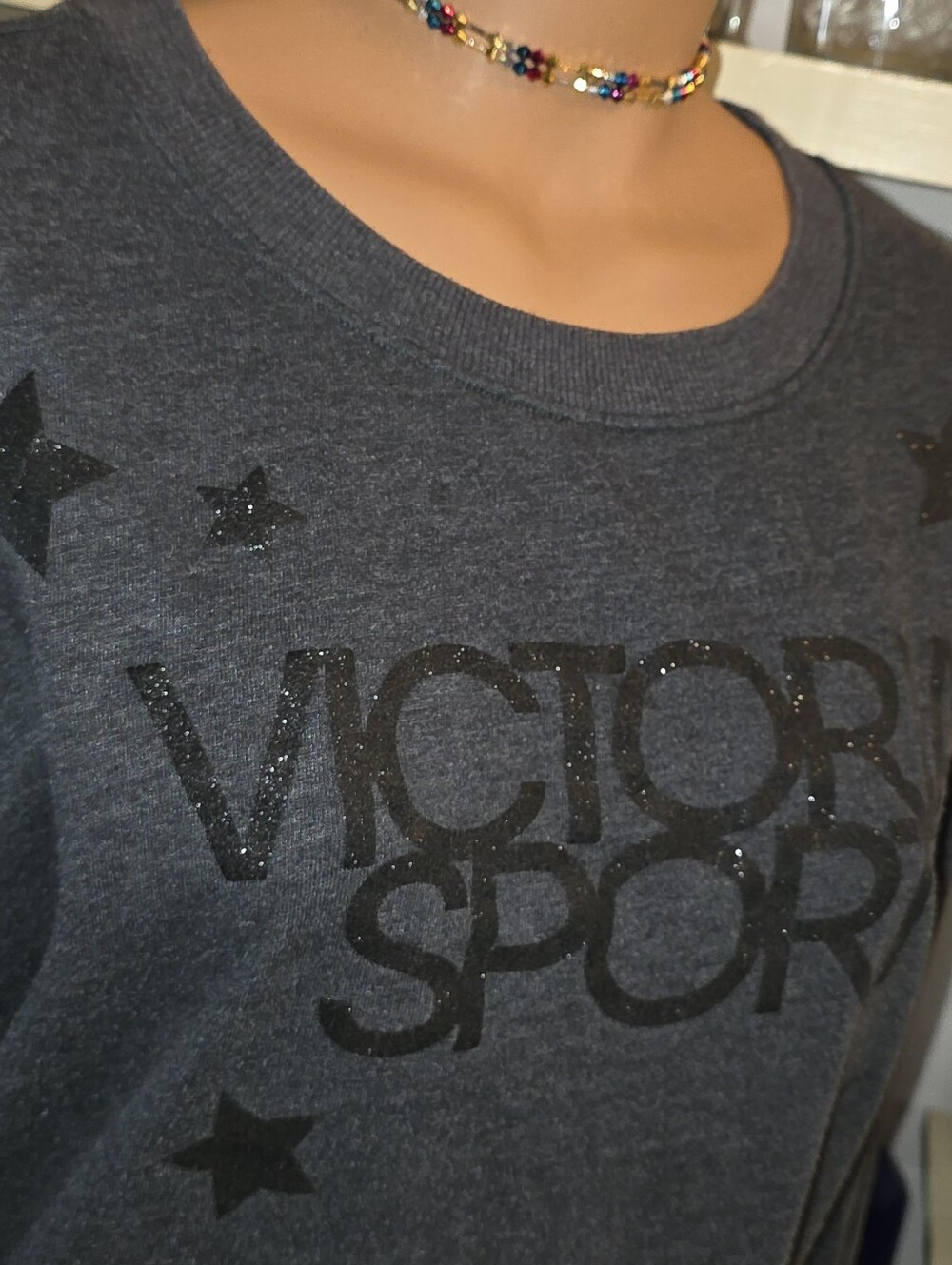 Victoria's Secret Sport Sweatshirt Dark Grey Black Glitter Star Graphic XS EUC